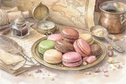 macarons on a plate, with old historical items, like a compass, feather pen, etc.