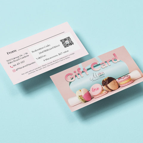 Gift card with macaron design on a light blue background