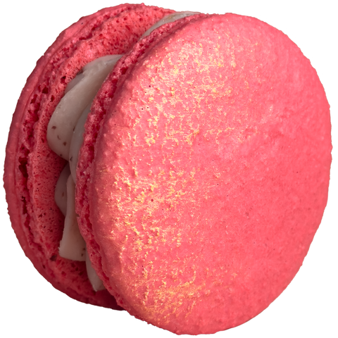 Pink macaron with a white filling on a white background