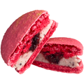 Two red macarons with a white filling and dark filling on a white background