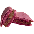 Pink dessert with a brown filling on a white background